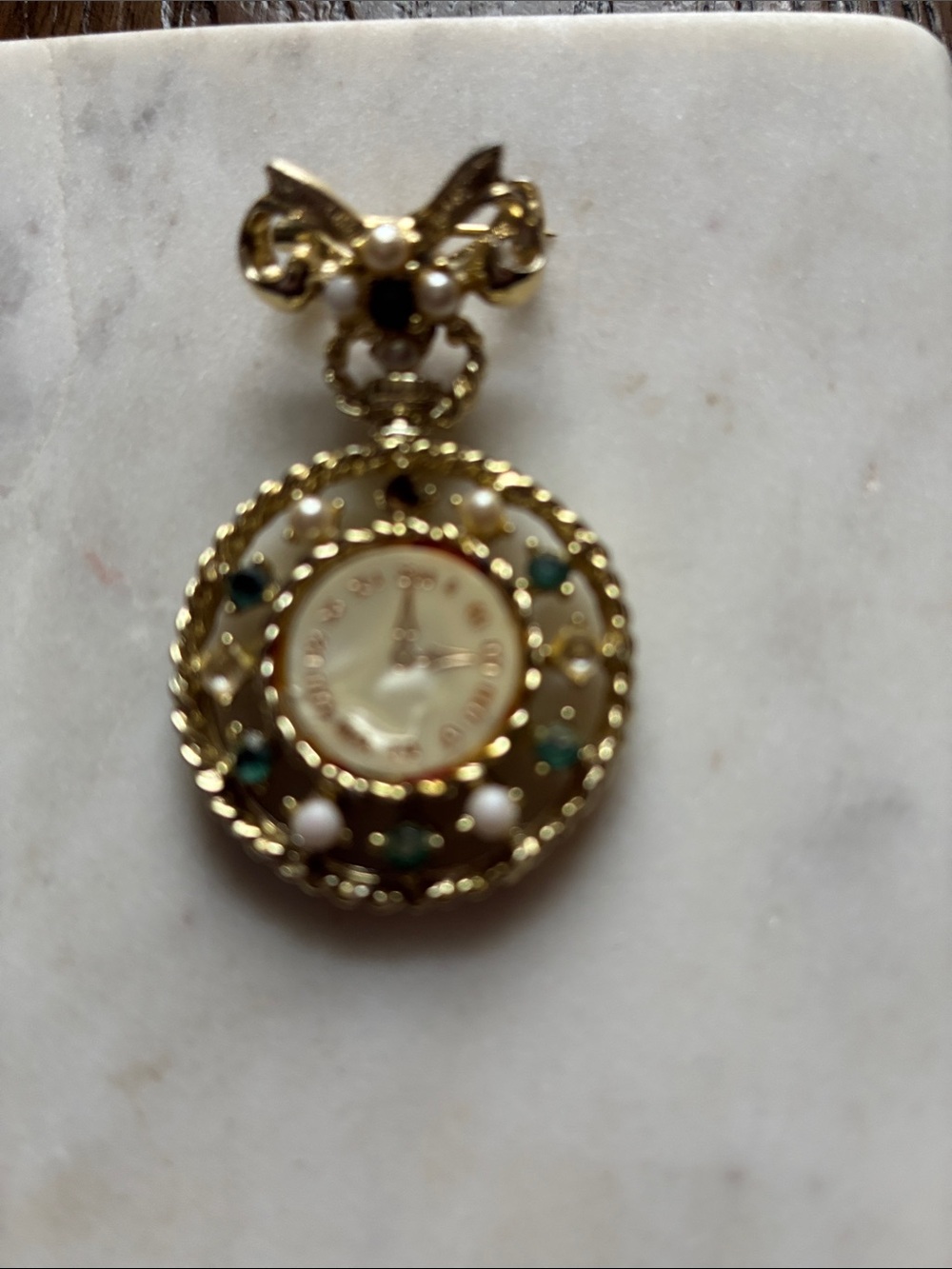 Gold-Tone Brooch Watch with Green and Cream Accents